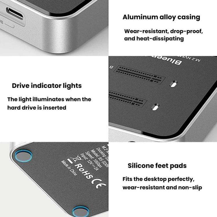 Blueendless SD09 Dual-Bay M.2 Dual-Protocol Drive Enclosure NVMe/SATA SSD Case UK Plug