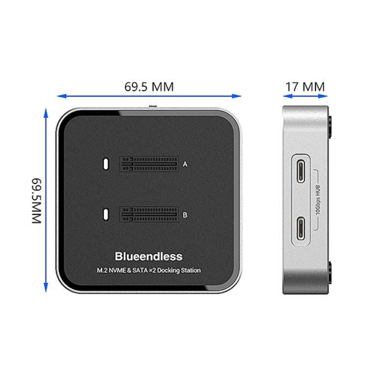 Blueendless SD09 Dual-Bay M.2 Dual-Protocol Drive Enclosure NVMe/SATA SSD Case UK Plug