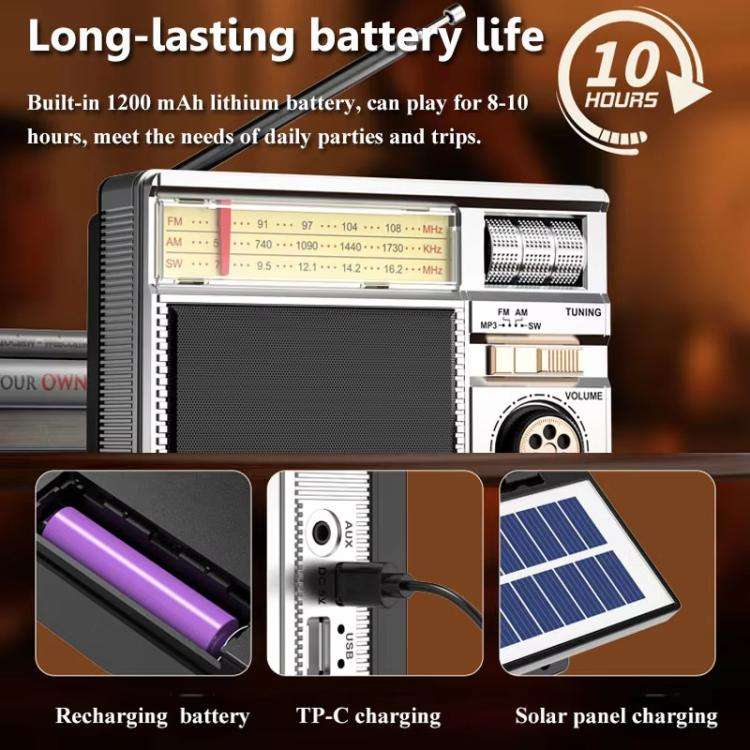 MD-979S Portable Solar Powered Bluetooth Speaker Multi-Function Outdoor Antenna Radio(Silver)