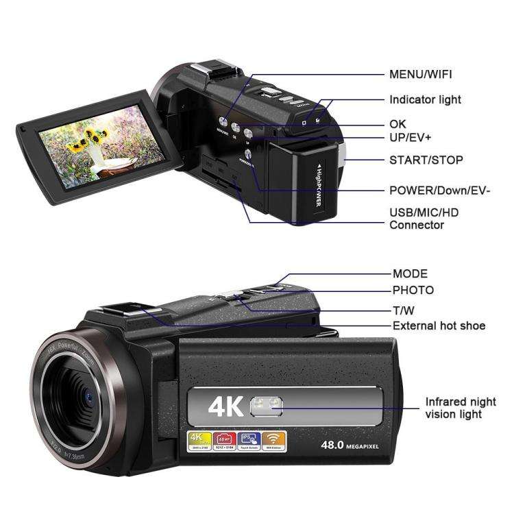 HD 4K Handheld Digital Camcorder With Electronic Image Stabilization For Outdoor Sports, US Plug,...