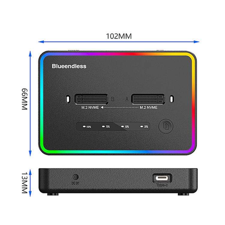 Blueendless SD07 M.2 Dual-Bay Hard Drive Enclosure NVMe Offline Cloning Device, Spec: With RGB Li...
