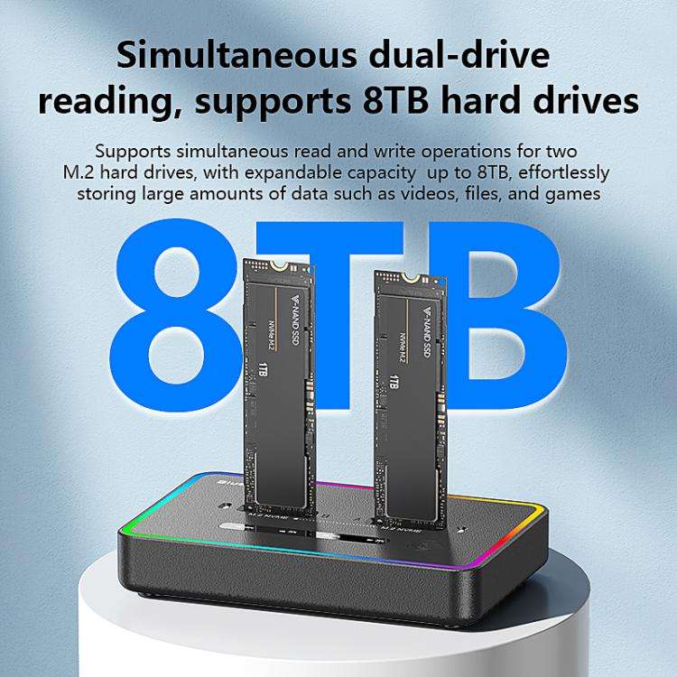 Blueendless SD07 M.2 Dual-Bay Hard Drive Enclosure NVMe Offline Cloning Device, Spec: With RGB Li...
