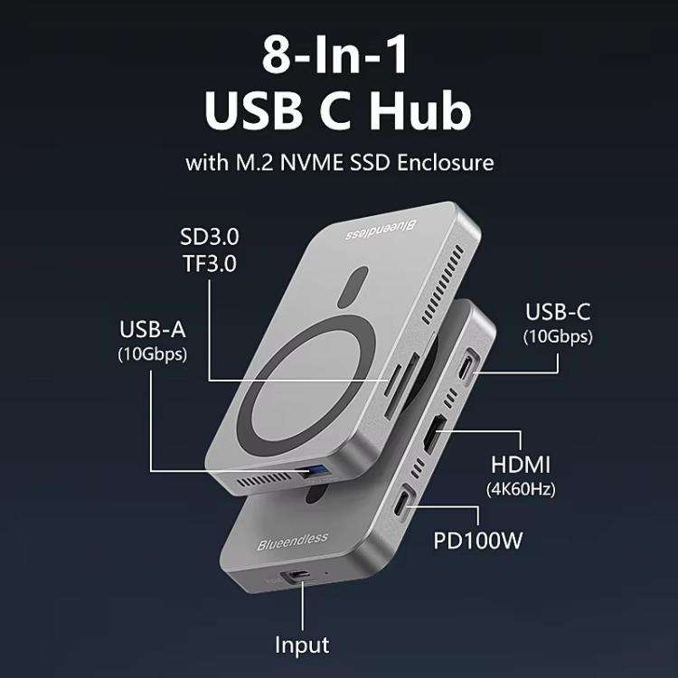 Blueendless MC806 8 In 1 Magnetic Dock NVMe SSD Enclosure USB 3.2 Hub