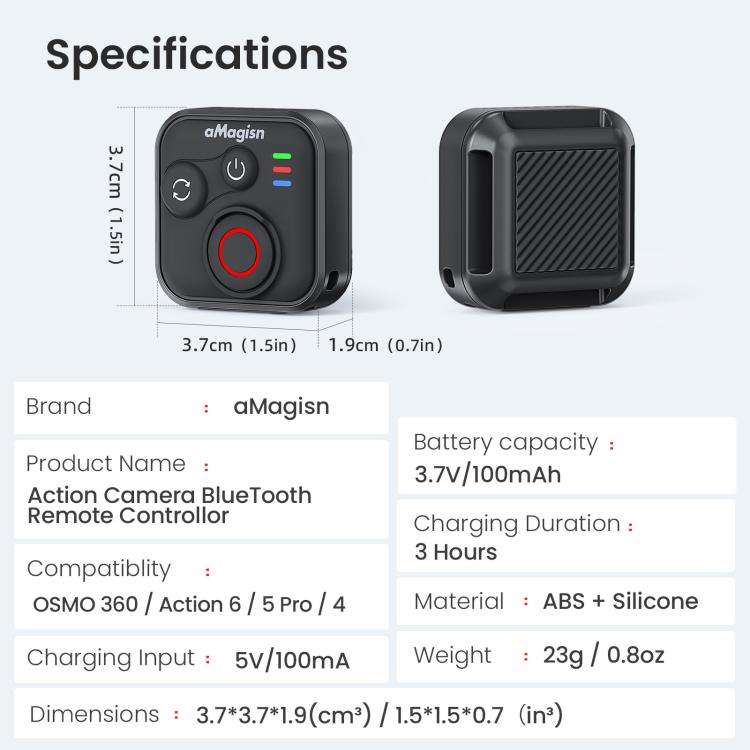 aMagisn Bluetooth Remote Shutter for DJI Osmo Action 6/Action 5 Pro/Action 4/Osmo 360 II/Osmo 360...