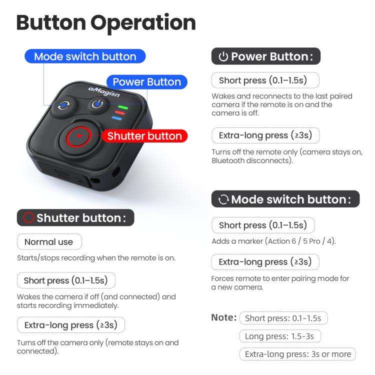 aMagisn Bluetooth Remote Shutter for DJI Osmo Action 6/Action 5 Pro/Action 4/Osmo 360 II/Osmo 360...