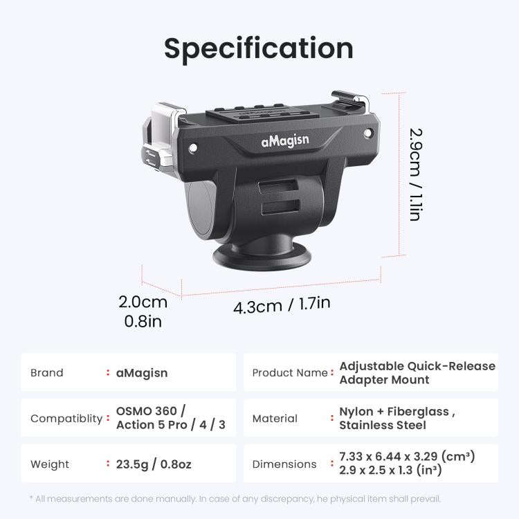 AMagisn Adjustable Quick Release Adapter For DJI Osmo 360/Action 5 Pro/4/3 - 4-Level Fast Perspec...