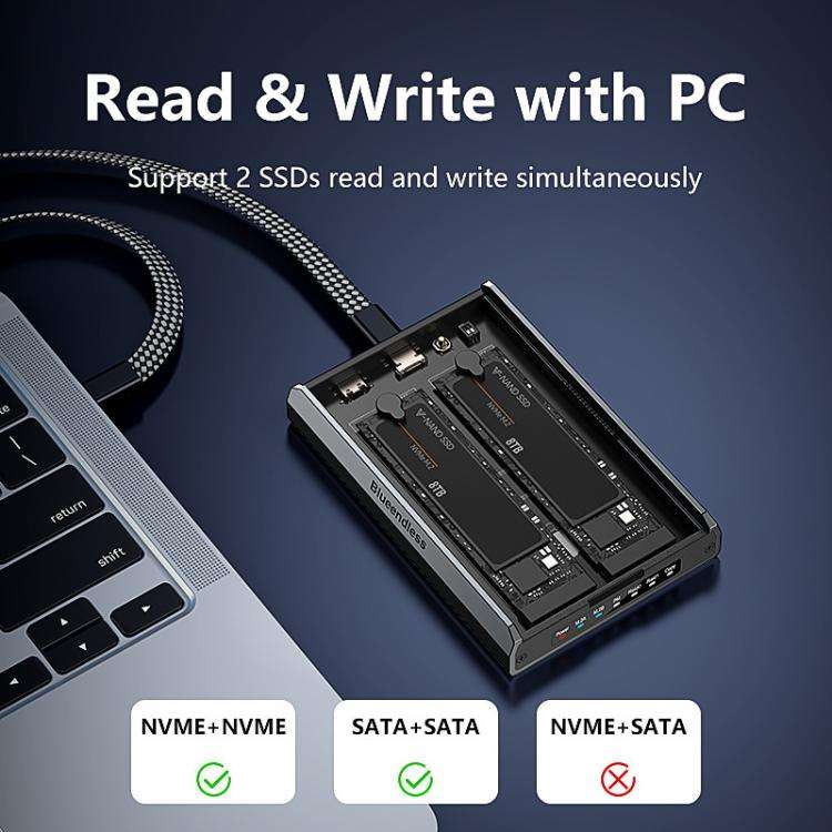 Blueendless DB280A3 M.2 Disk Array Enclosure NVMe / SATA Dual-Protocol RAID Portable SSD Enclosur...