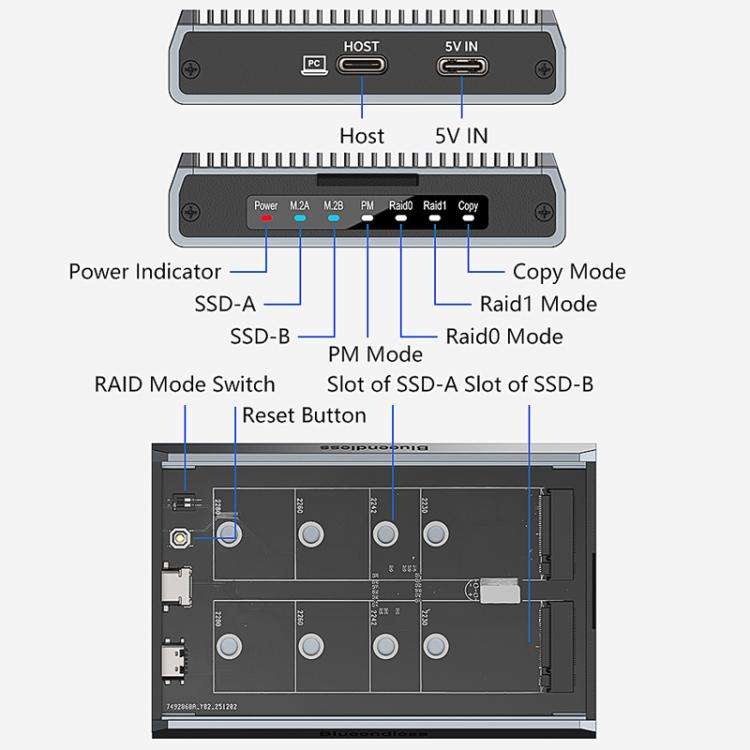 Blueendless DB280A3 M.2 Disk Array Enclosure NVMe / SATA Dual-Protocol RAID Portable SSD Enclosur...