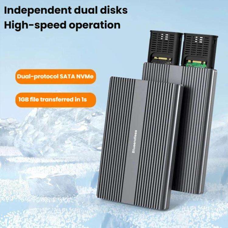 Blueendless M2826N M.2 NVMe x 2 Portable Hard Drive Enclosure Dual-Bay External M.2 Reader