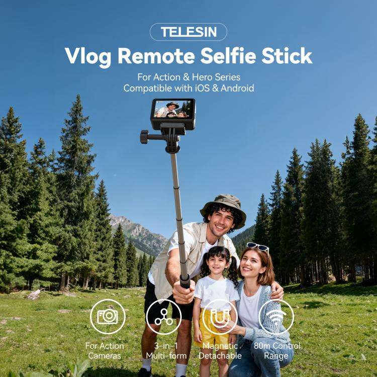 TELESIN Bluetooth Remote Control Selfie Stick Tripod For Action Cameras And Smartphones(Black)