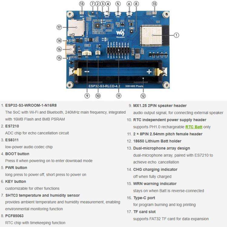 Waveshare 33507 ESP32-S3 4.2 Inch RLCD Full Reflective Display Development Board Supports Wi-Fi &...