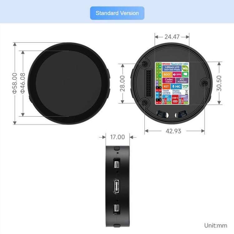 RP2350 1.85 Inch Round LCD Development Board, 360×360, 65K Color, Dual-Core And Dual-Architectur...