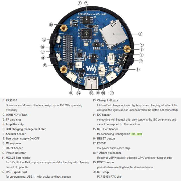 RP2350 1.85 Inch Round LCD Development Board, 360×360, 65K Color, Dual-Core And Dual-Architectur...
