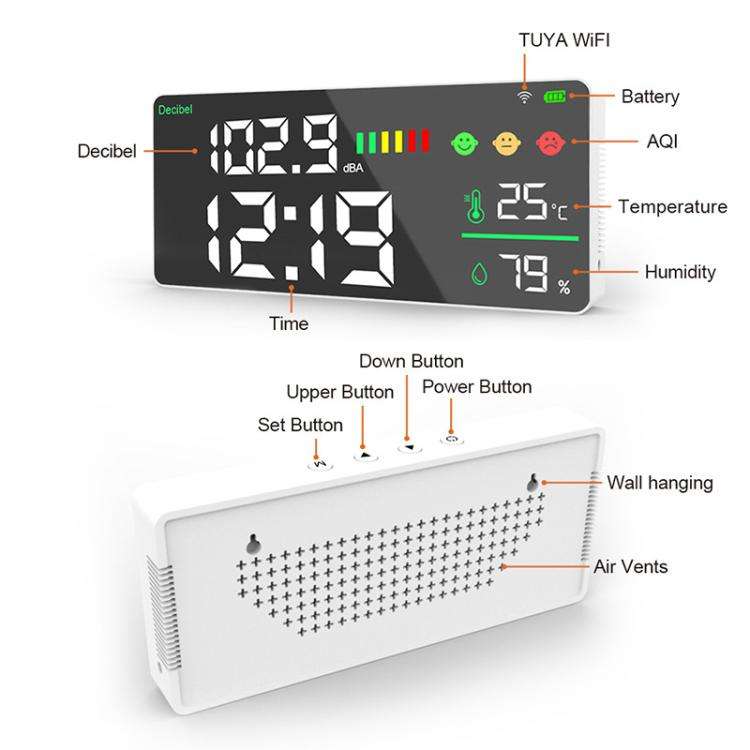 Tuya Smart 5-in-1 Wall-Mounted Noise Decibel Meter With Temperature, Humidity and Time Display, S...