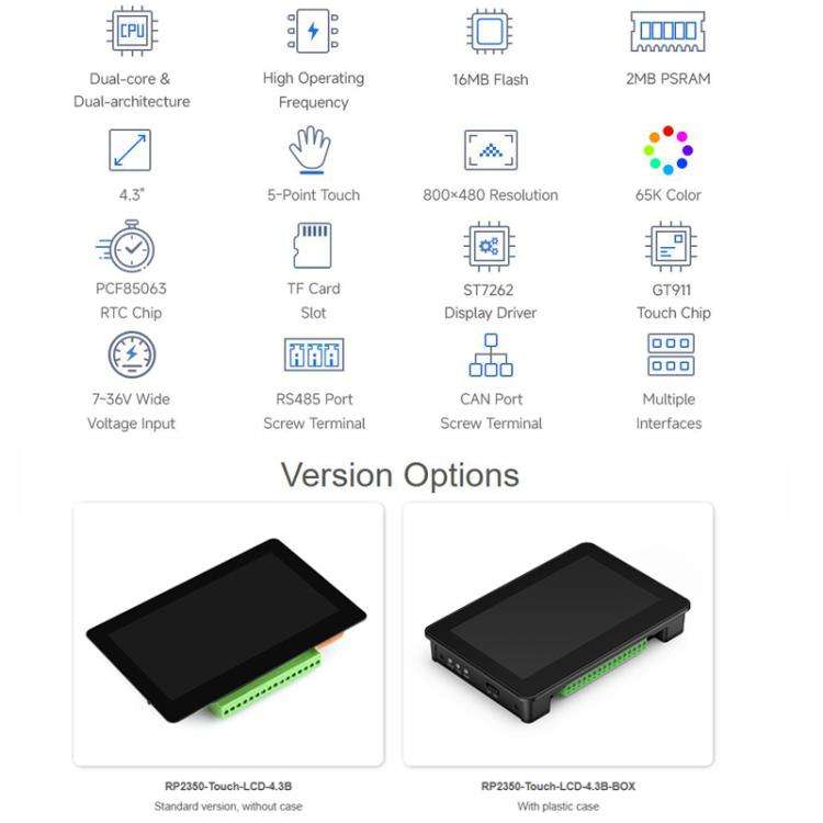 WAVESHARE RP2350 4.3inch Capacitive Touch Display Development Board, Spec: With Plastic Case
