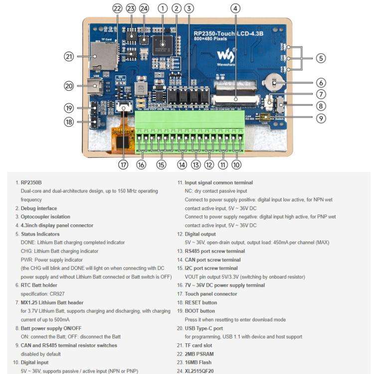 WAVESHARE RP2350 4.3inch Capacitive Touch Display Development Board, Spec: Without Case