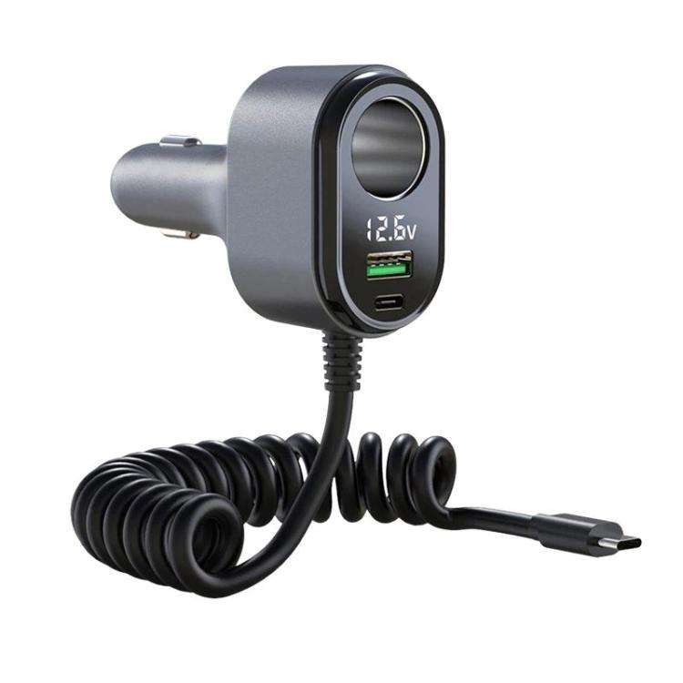 GE09 120W Car Cigarette Lighter With Voltage Display Car Phone Charger With Spring Cable