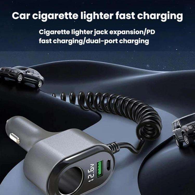 GE09 120W Car Cigarette Lighter With Voltage Display Car Phone Charger With Spring Cable
