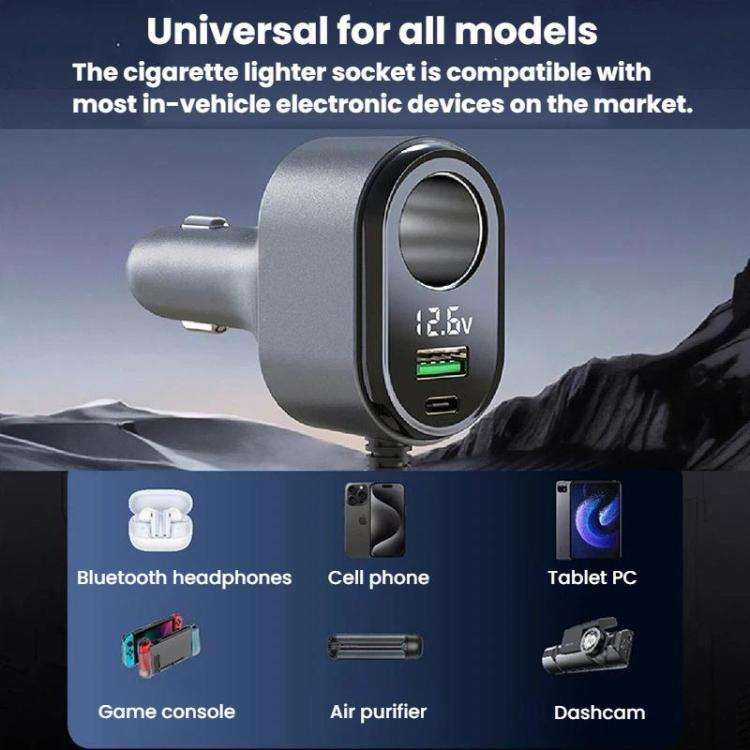 GE09 120W Car Cigarette Lighter With Voltage Display Car Phone Charger With Spring Cable