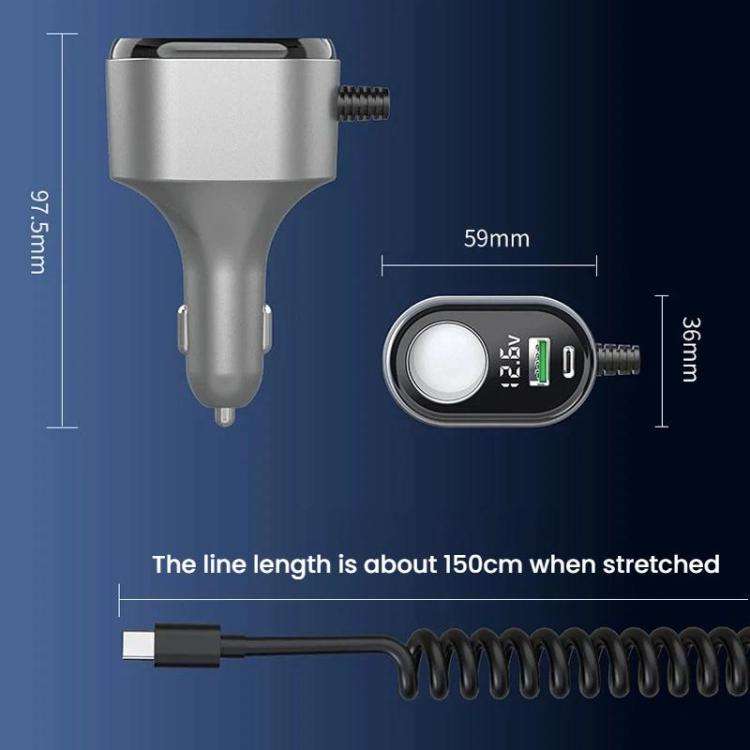 GE09 120W Car Cigarette Lighter With Voltage Display Car Phone Charger With Spring Cable
