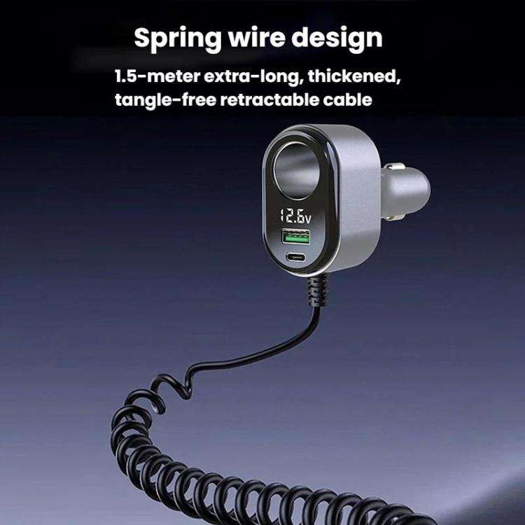 GE09 120W Car Cigarette Lighter With Voltage Display Car Phone Charger With Spring Cable