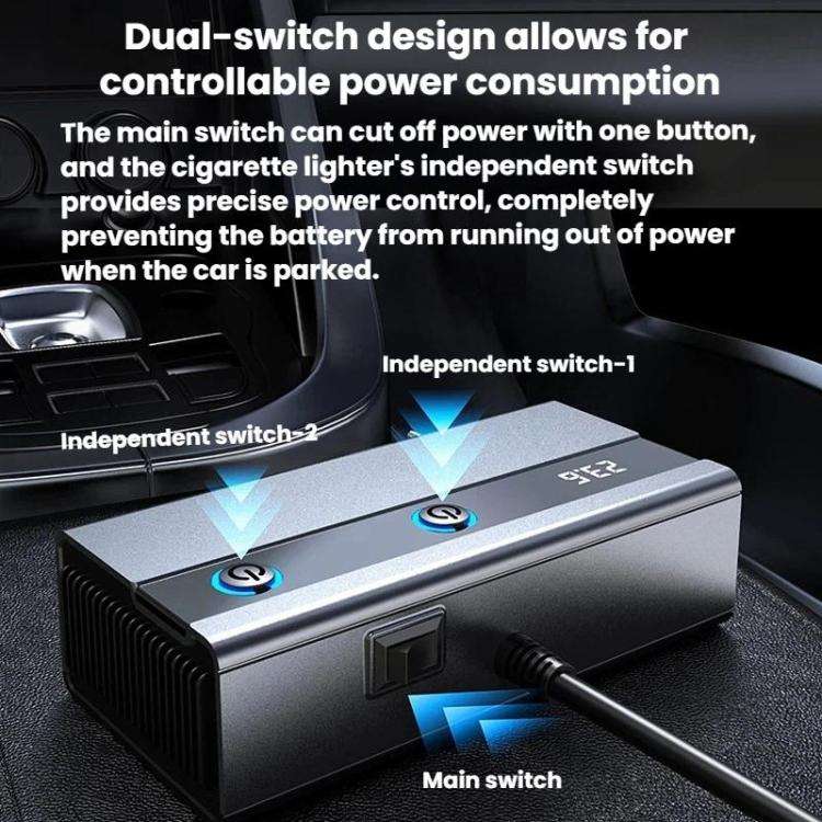 GE08 1 To 9 Car Cigarette Lighter With Independent Switches Voltage Display & Retractable Cable C...