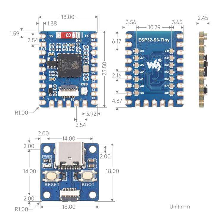 Waveshare ESP32-S3-Tiny-N8R8 Mini Development Board Dual-Core Processor, 240MHz Running Frequency