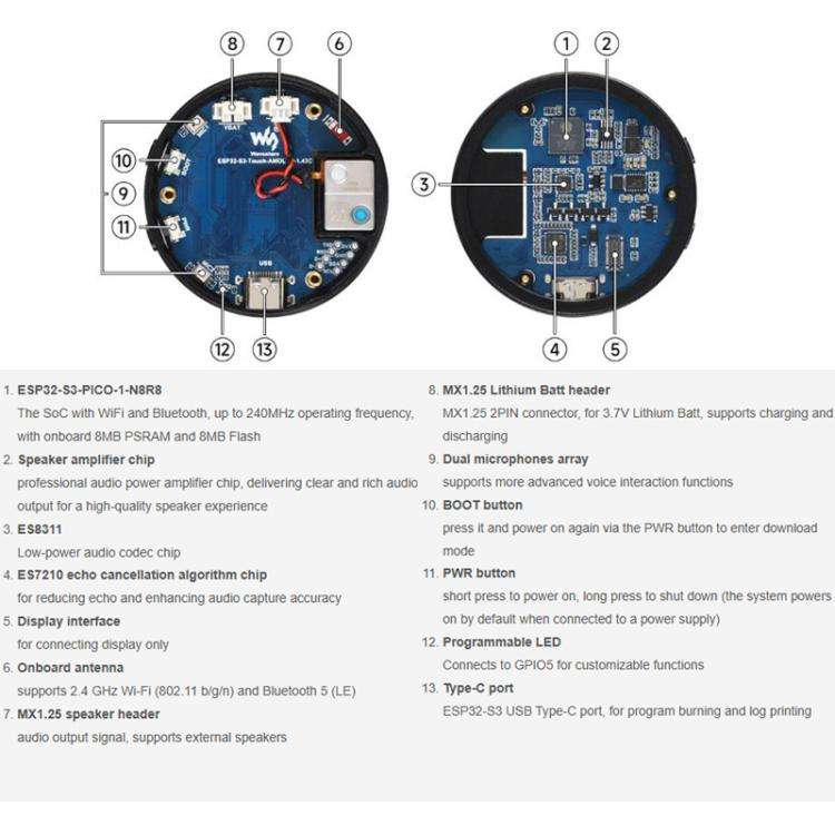 Waveshare 34384 ESP32-S3 1.43 Inch AMOLED Round Touch Display Development Board Supports AI Speec...