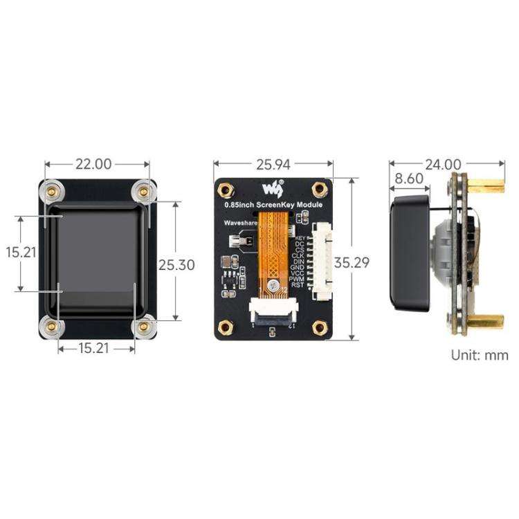 Waveshare 0.85 Inch Mechanical LCD ScreenKey, IPS Panel, 128 X 128 Resolution, 65K Color, SPI Com...