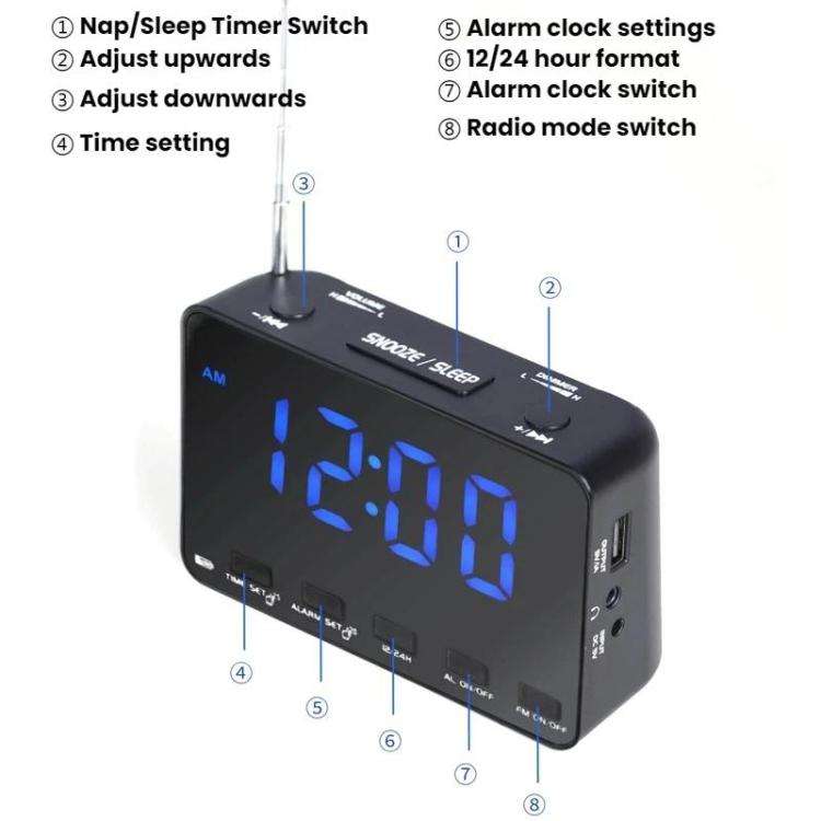 WDK Single-Band FM Digital Extra-Large Screen Display Alarm Clock Radio, Size: For EU(Black Machi...