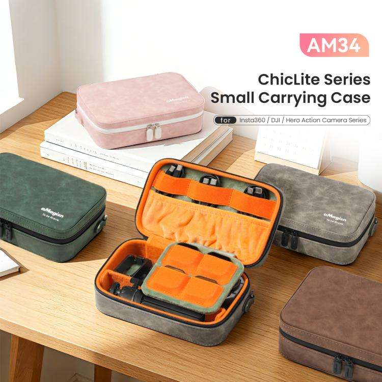 aMagisn Nubuck Leather Action Camera Carrying Case Small Travel Storage Bag with Adjustable Divid...