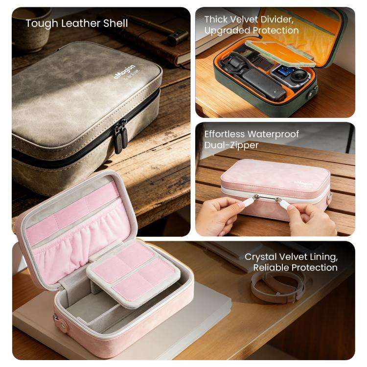 aMagisn Nubuck Leather Action Camera Carrying Case Small Travel Storage Bag with Adjustable Divid...