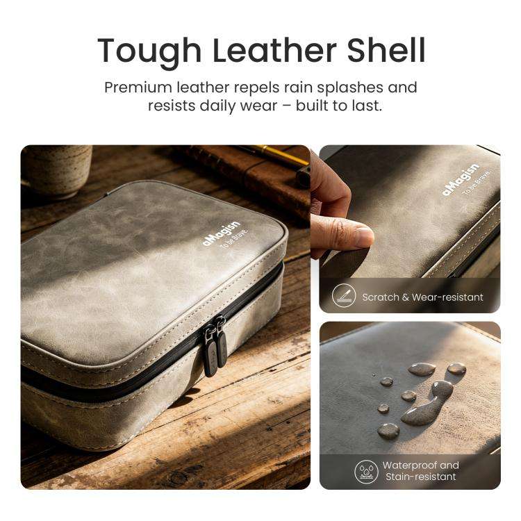 aMagisn Nubuck Leather Action Camera Carrying Case Small Travel Storage Bag with Adjustable Divid...