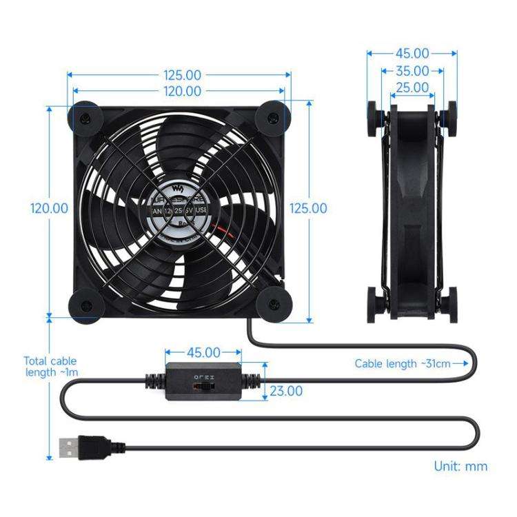 Waveshare 34398 USB 5V 120mm Quiet Cooling Fan, 3-Speed Adjustable, PWM Control, High Airflow, An...