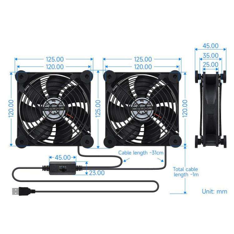 Waveshare 34398 USB 5V 120mm Quiet Cooling Fan, 3-Speed Adjustable, PWM Control, High Airflow, An...