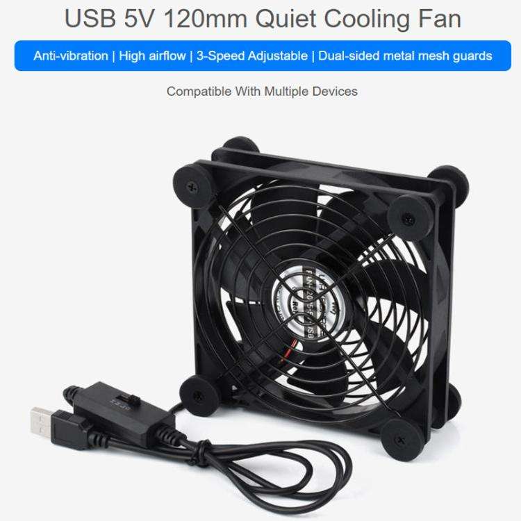 Waveshare 34398 USB 5V 120mm Quiet Cooling Fan, 3-Speed Adjustable, PWM Control, High Airflow, An...