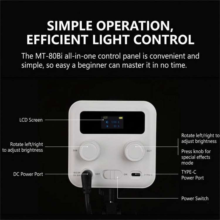 DENGWEI MT-80Bi 80W COB Video Light 2700K-6500K Bi-Color LED Continuous Output Lighting CRI 96+ S...
