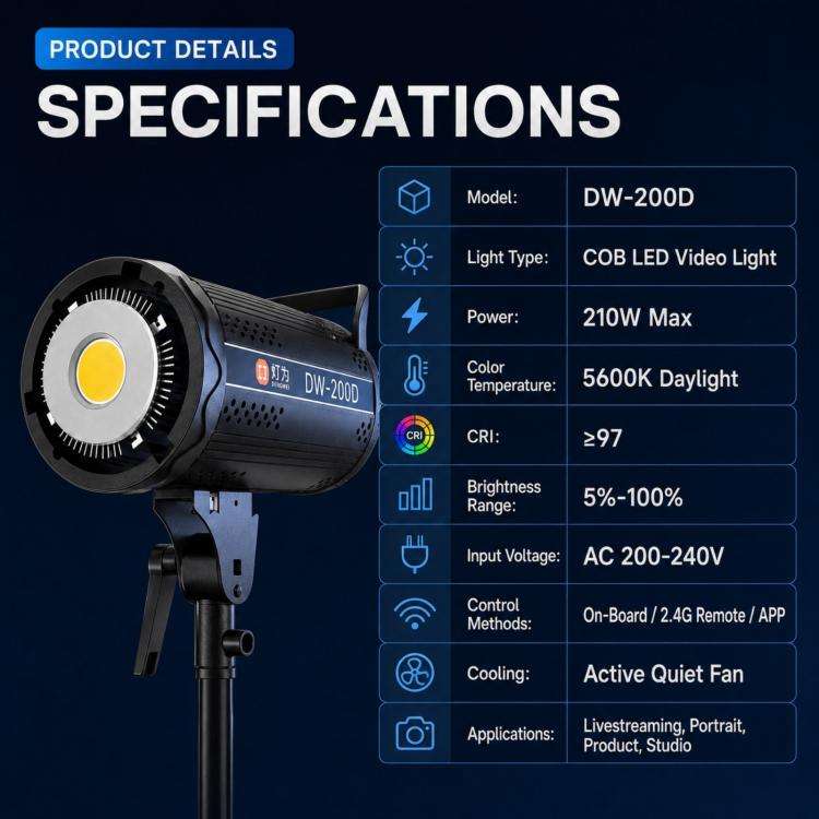 DENGWEI DW200D 200W COB LED Video Light Daylight Balanced Continuous Output Studio Lamp UK Plug