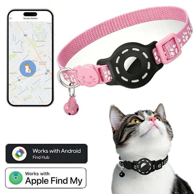 Smart Cat Collar With Built-In Tracker Reflective Paw Prints Compatible with Google Find My(Red+B...