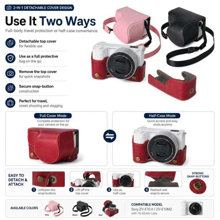 For Sony ZV-E10 II / ZV-E10M2 PU Leather Camera Case Bag Protective Half Body Cover With Shoulder...