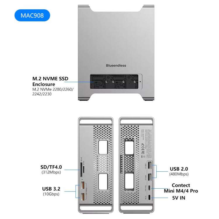 Blueendless MAC908 For Mac Mini M4 Stand & Hub With SSD Enclosure 2xUSB3.2+2xUSB2.0+SD/TF4.0+USB-C