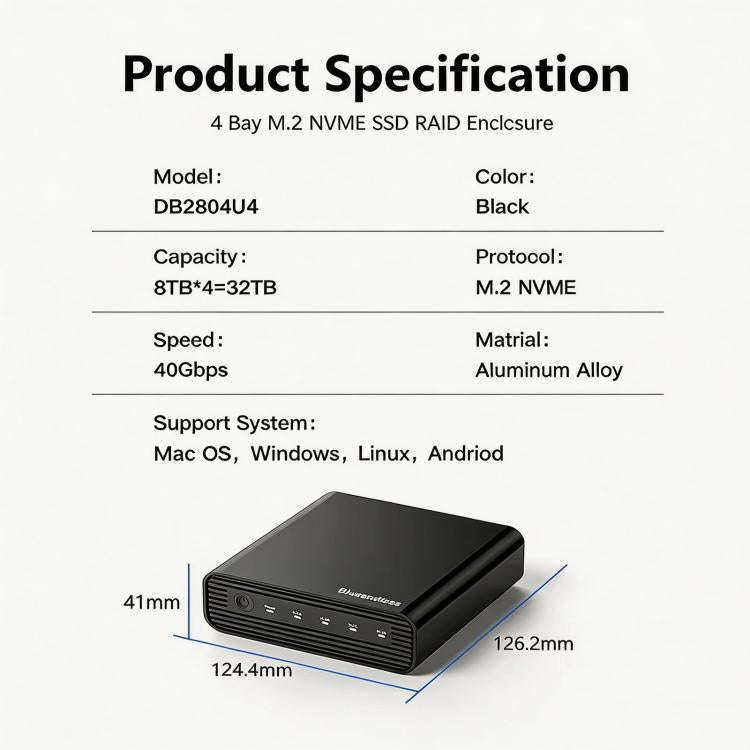 Blueendless USB4 NVMe M.2 SSD Enclosure, 40Gbps 4-Bay External Solid State Drive Case, Support So...