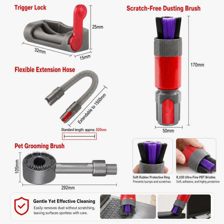 3-in-1 Gray Scratch-Free Dusting Brush Accessories Kit For Dyson V7 V8 V10 V11 V15 Vacuum Attachm...
