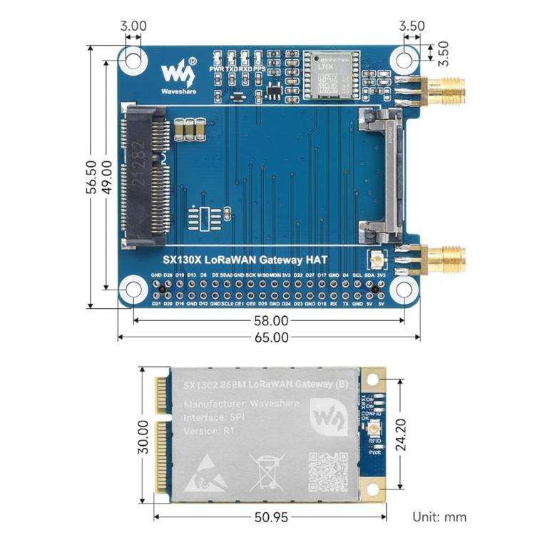 Waveshare For Raspberry Pi LoRaWAN Gateway Module Standard Mini-PCIe Socket(SX1303 915M With Expa...