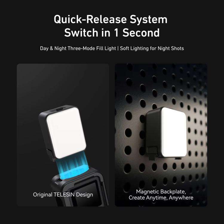 For DJI Action 5 Pro/4/3 TELESIN Quick-Release Mini Vlog Fill Light, IPX5 Waterproof Magnetic LED...