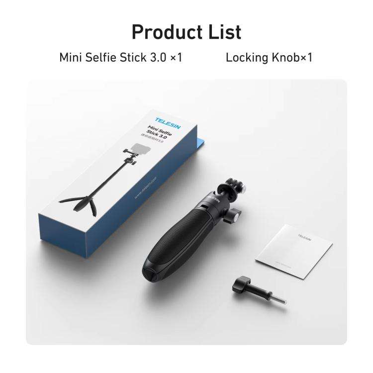 TELESIN Mini Selfie Stick Tripod 3.0 for Action Camera 18-46cm Extendable Aluminum Pole with 360-...