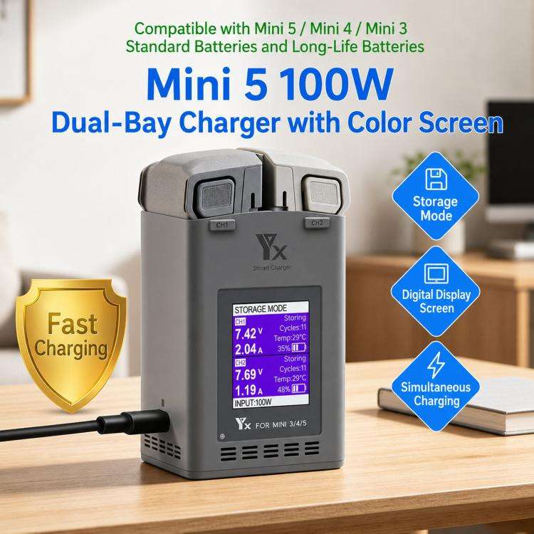 YX 100W Dual Charger with Color LCD Screen for DJI Mini 5/4/3 Pro Smart Flight Battery Charging Hub