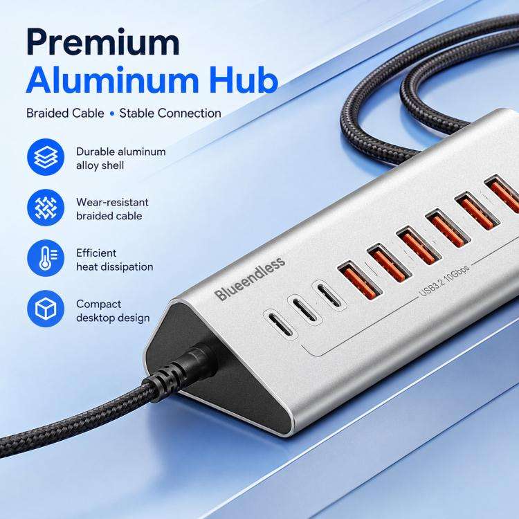Blueendless 10 Ports TYPE-C Splitter 10Gbps Braided Cable Extension Hub, Interface: 36W USB 3.2 x...