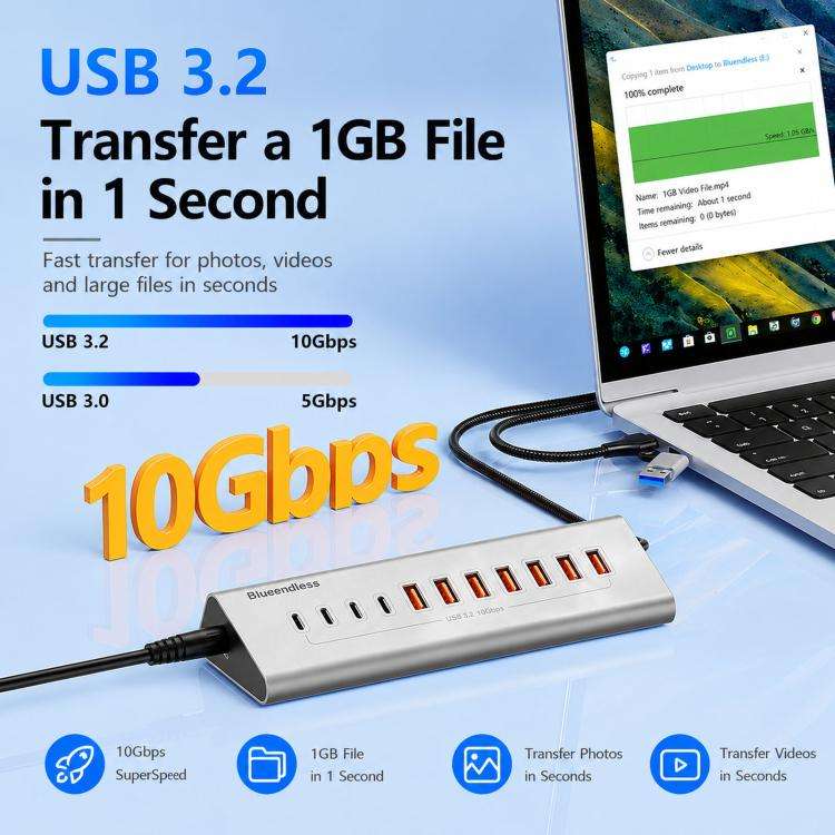 Blueendless 10 Ports TYPE-C Splitter 10Gbps Braided Cable Extension Hub, Interface: 36W USB 3.2 x...