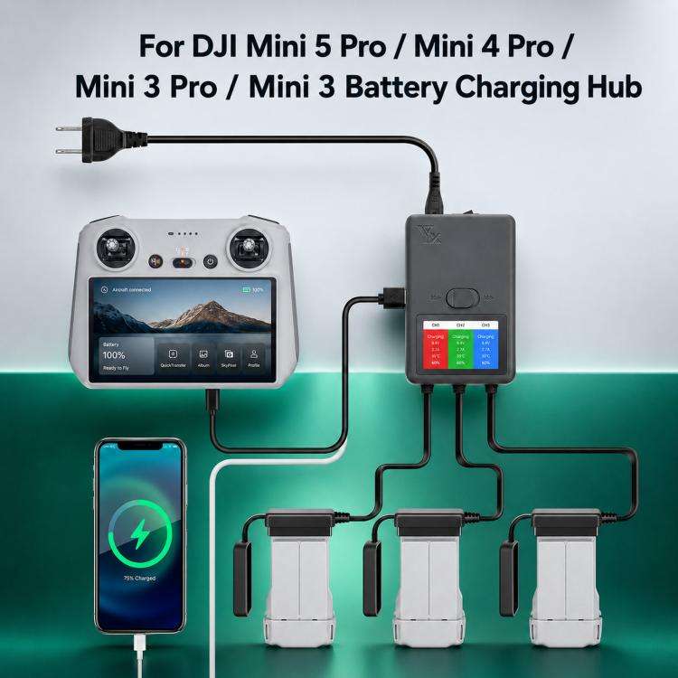 YX 3-Way Smart Charger with LCD Display For DJI Mini 5 Pro / Mini 4 Pro / Mini 3 Pro / Mini 3 Mul...